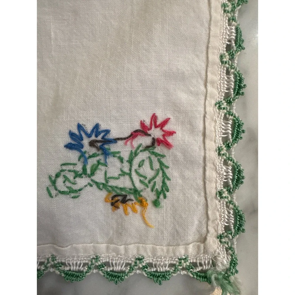 Vintage Hand Embroidered Cactus Linen Napkins Set of 3 Green Lace Trim 11.5